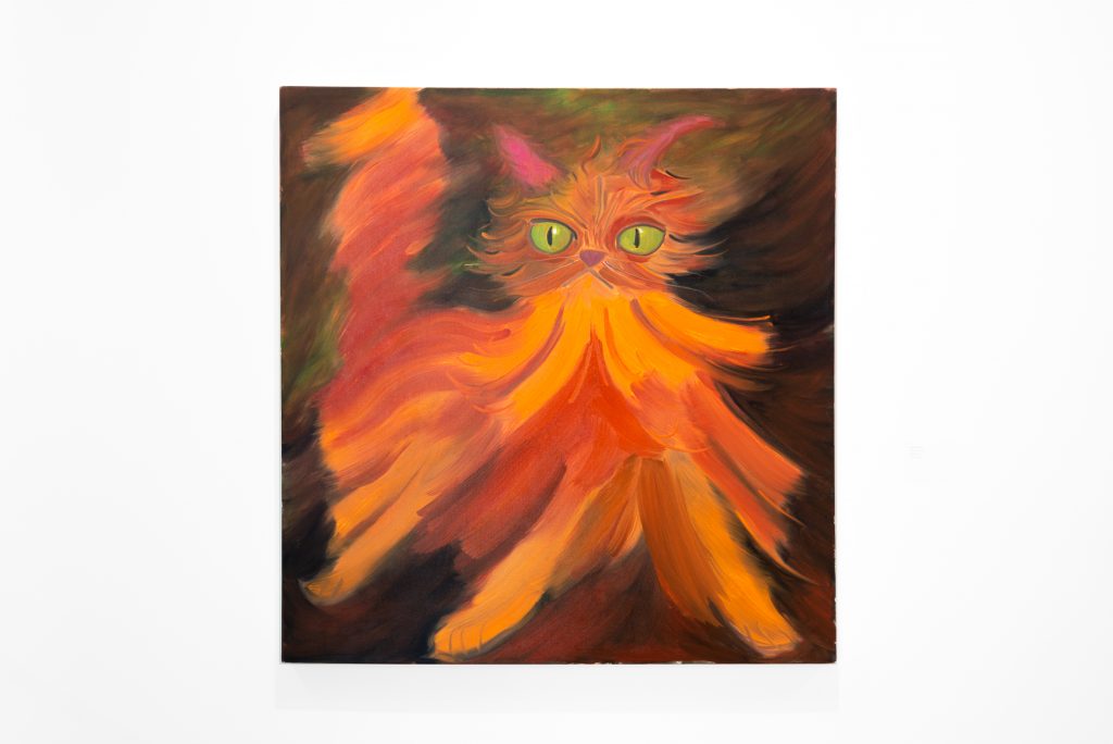 Square painting of an orange cat with large green eyes and pink ears, painted in large abstract brushstrokes.