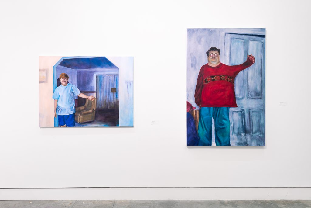 Two paintings of figures wearing glasses and standing with their left arms raised: the left figure is standing in a living room and has red hair and wears blue shorts and t-shirt; the right figure is standing in front of a door, has short dark hair and is wearing a red shirt and blue paints.
