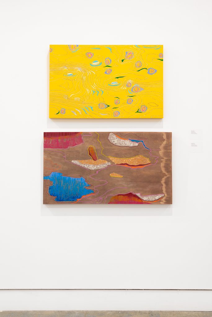 Two paintings: the top has a yellow background with a thin whorl-like designs and eye-shaped patterns; the bottom is brown with multicoloured, textured shapes with ragged edges. 