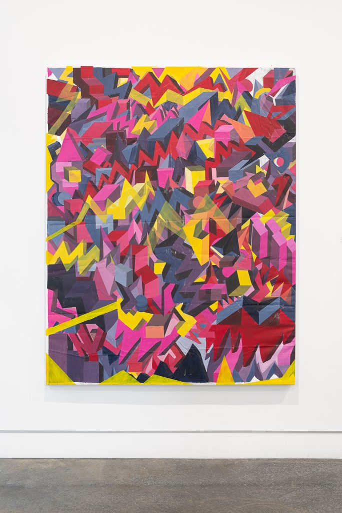 Abstract painting of 3D zig-zags overlapping across the entire canvas, painted in shades of yellow, hot pink, red, and dark grey. 