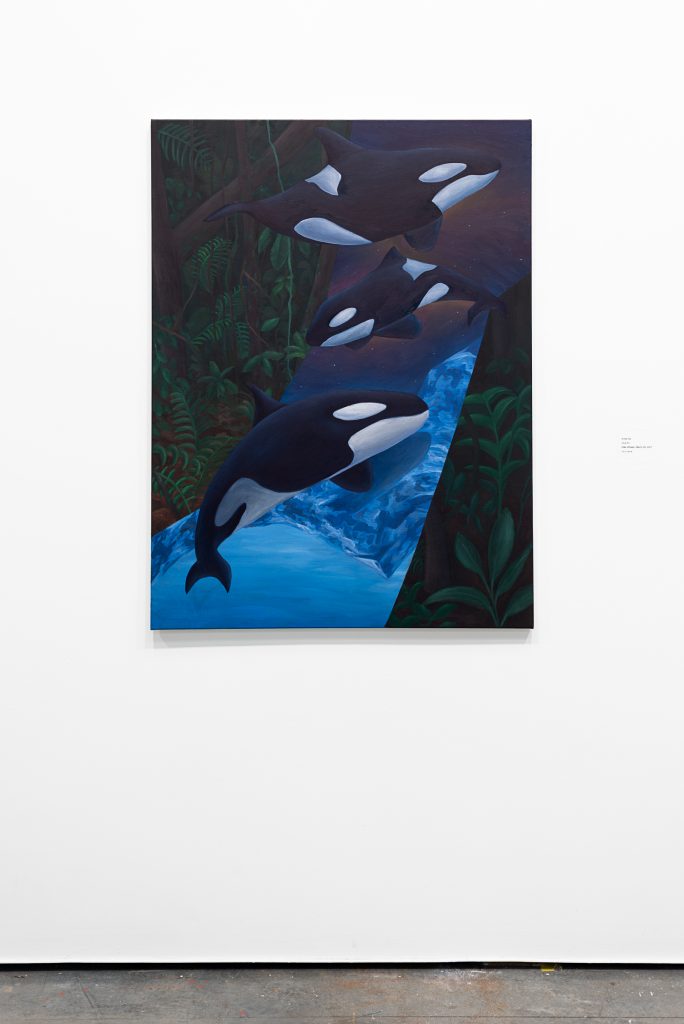 Oil painting of three orca whales suspended in the air; the background is divided into sections of dark green forest and a blue snowy mountain against a a dark sky. 
