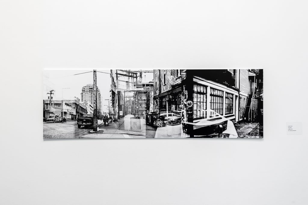 Diptych of two grainy, black and white double-explosure photographs showing multiple scenes of Vancouver streets overlaid on top of each other. 