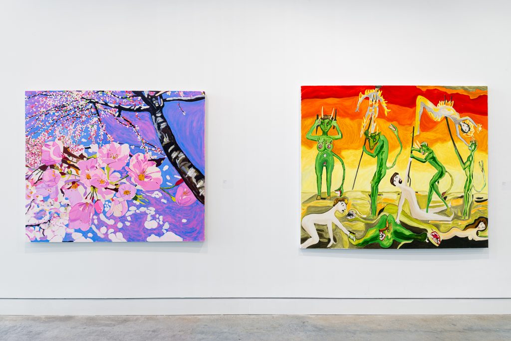 Two paintings: the left shows a tree branch covered in pink flowers painted in large brushstrokes against a pink and periwinkle background. The right shows a series of demonic green figures setting naked human figures on fire. The ground and fiery sky are painted in wide strokes. 