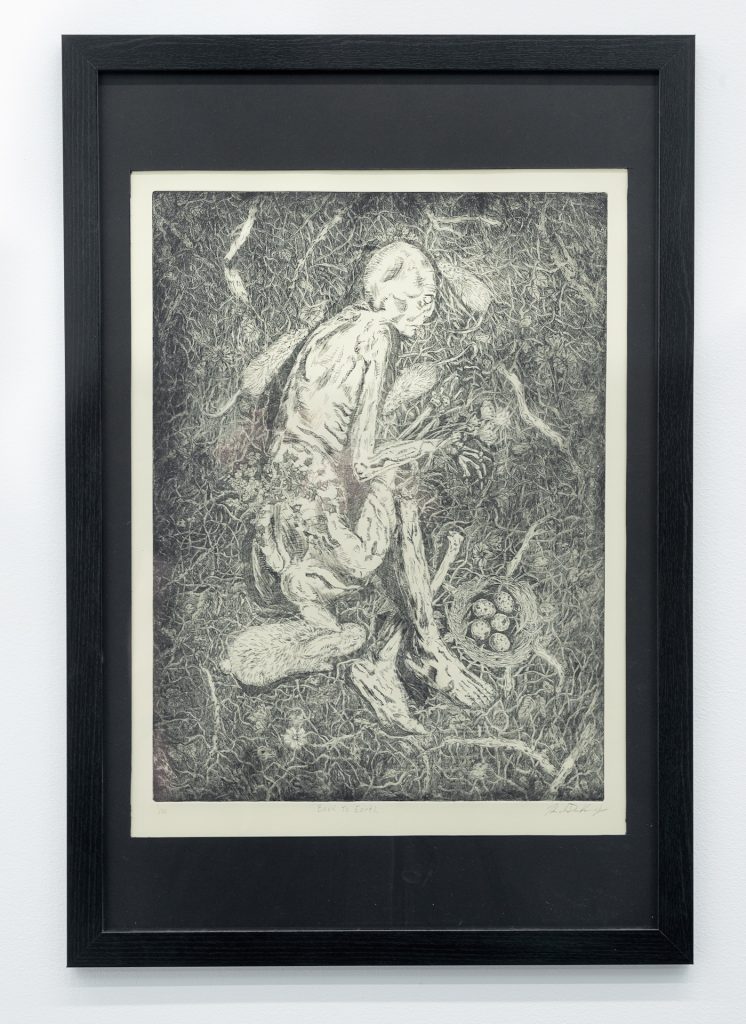 Detailed framed etching of a decaying corpse in fetal position on grass. Bones, flowers, and a bird’s nest with eggs inside surround the figure. 