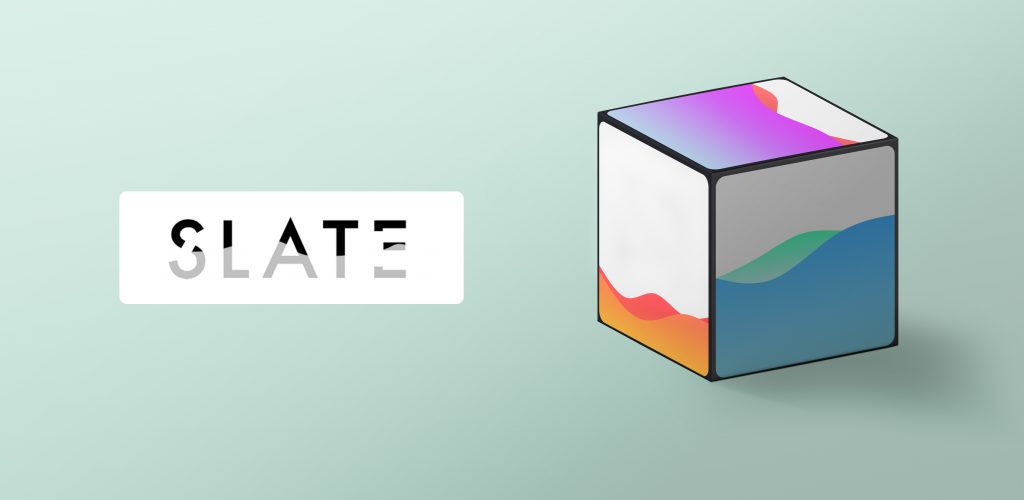 "Slate" project title along with image of project. Isometric cube with 3 sides visible, different coloured "waves" at different heights on each shown side of the cube
