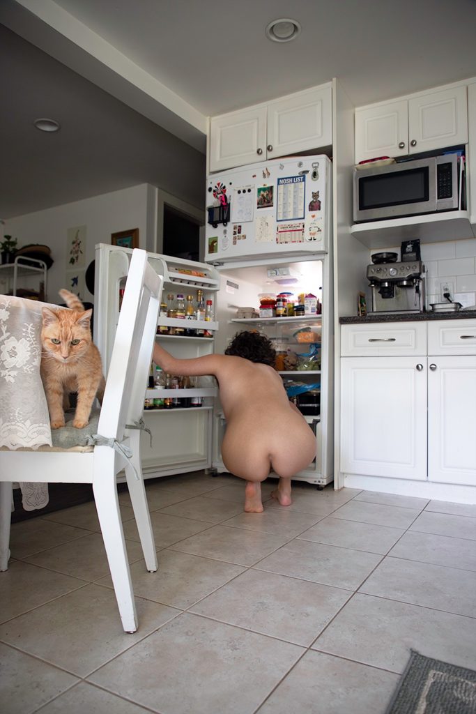 Back facing the camera, a nude person with shoulder length brown hair squats down and looks into a refrigerator in a kitchen. In the foreground an orange tabby cat stands on a chair