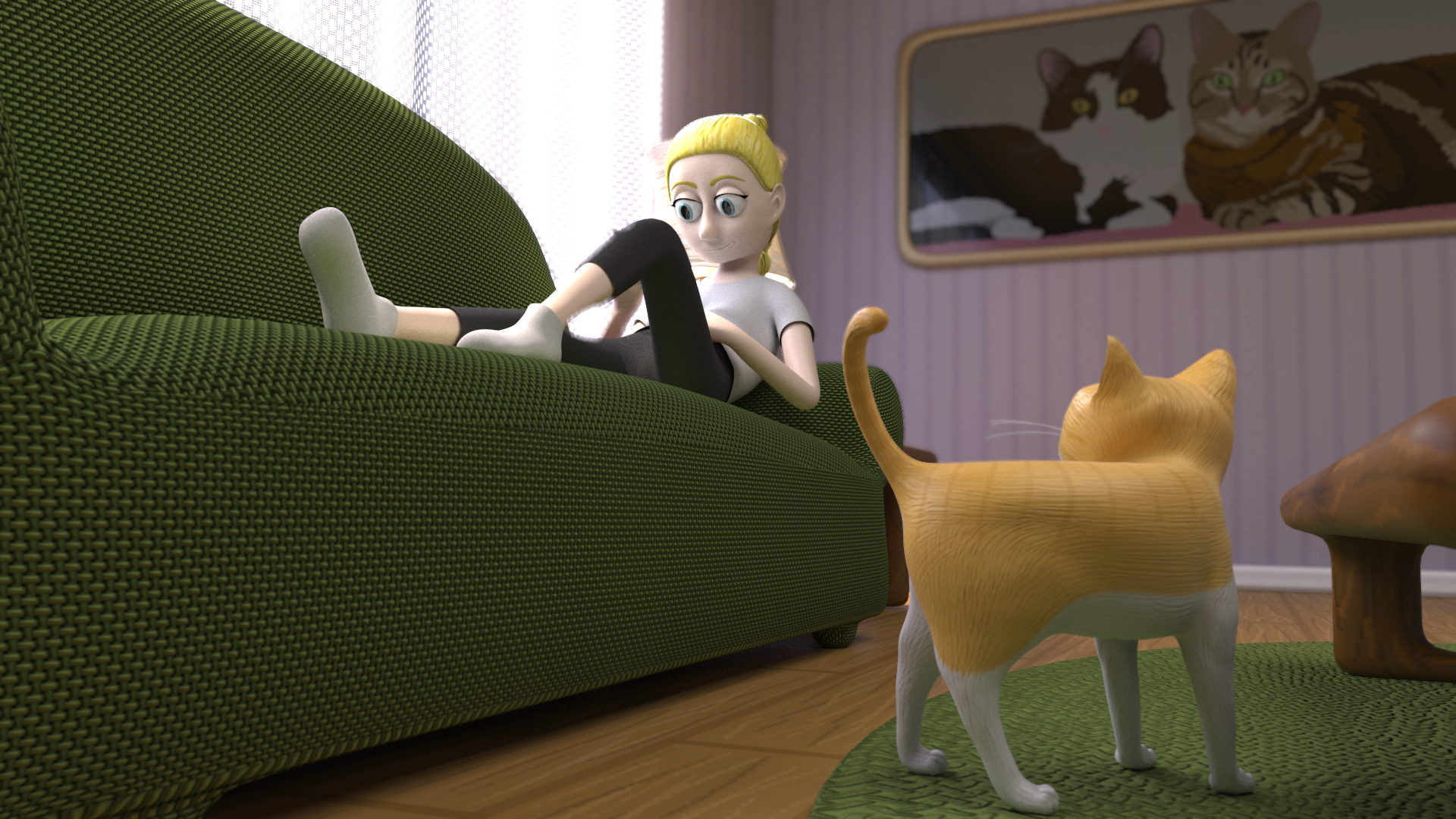 Centre-left a blonde girl lies on a green couch, staring at her phone, while in the lower-right section of the frame an orange and white cat looks up at her from the ground.