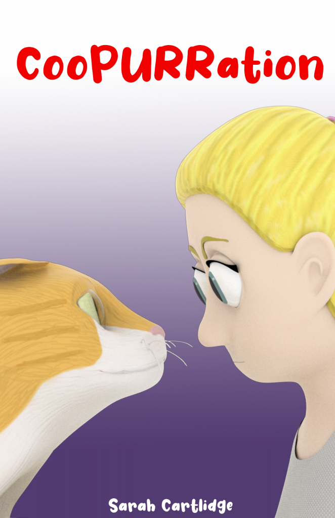 At the top is the word "CooPURRation" in a bubbly bright red font. The background is a gradient, dark purple at the bottom and fading to white at the top. A blonde girl and an orange and white cat stare at each other, their faces inches apart. At the bottom is the name "Sarah Cartlidge" in the same font as the title, but in white. 